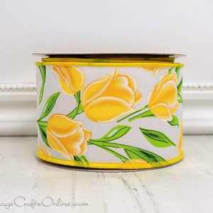 Yellow Tulips Wired Ribbon, 2.5 wide, TEN YARD ROLL Charlene 40 Floral Spring, Summer Flower Wire Edged Ribbon image 2