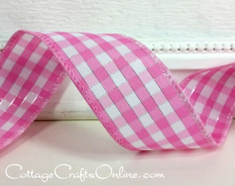 THREE YARDS, Wired Ribbon, 1.5", Pink White Silver Metallic Gingham Check Plaid ~ Addison ~ Spring, Easter, Wire Edged Ribbon