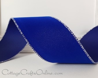 Wired Ribbon, 2.5" wide, Royal Blue Velvet, Silver Metallic Edge - TEN YARD ROLL - Christmas, Hanukkah, July 4th Craft Wire Edged Ribbon