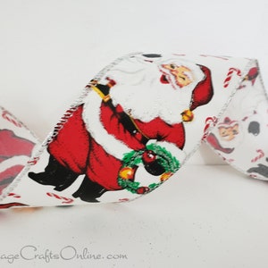 Christmas Wired Ribbon, 2.5&quot; Santa, Candy Canes Glitter,  TEN YARD ROLL ~ Jolly Santa Candy Cane ~   Wire Edged Ribbon