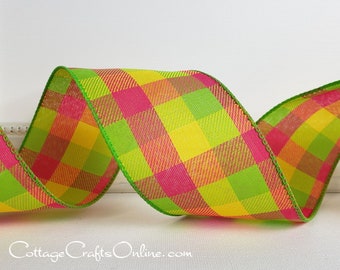 THREE YARDS, 2.5" wide, Pink, Green, Yellow Check Twill Plaid Wired Ribbon- ~ Summer Breeze Celine ~ Spring, Summer Wire Edged Ribbon