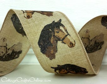 Wired Ribbon, 2.5" Horse Head on Tan Linen Look - TEN YARD ROLL ~ Equine Natural ~ Americana, Western Craft Wire Edged Ribbon