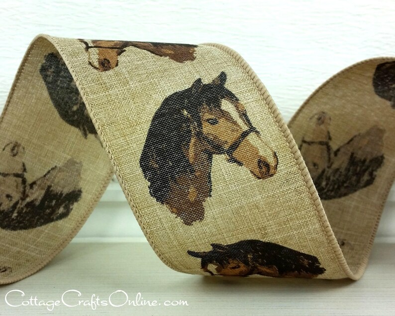 Wired Ribbon, 2.5 Horse Head on Tan Linen Look TEN YARD ROLL Equine Natural Americana, Western Craft Wire Edged Ribbon image 1