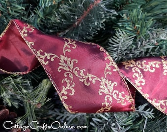 THREE YARDS, Christmas Wired Ribbon, 2 1/2"  Burgundy Faux Silk, Gold Glitter ~ Burgundy Florentine ~ Wire Edged Ribbon