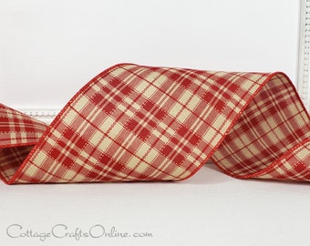 d. Stevens Wired Ribbon 4" Dark Red and Tan Stitch Check Plaid, Faux Linen, TEN YARD ROLL ~  Macedon ~ Wire Edged Ribbon