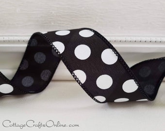 Wired Ribbon, 1.5" wide, Black with Large White Polka Dots - TEN YARD ROLL ~ Noel 9~ Halloween, New Year's Wire Edged Ribbon