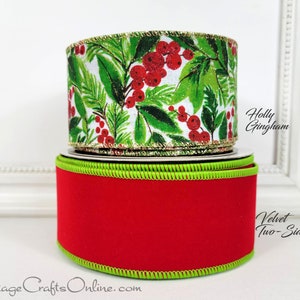 Christmas Wired Ribbon, 2.5, Red Glitter Berries and Greens, Checkered Back, TEN YARD ROLL, d. Stevens Holiday Foliage Wire Edge image 9