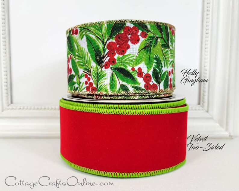 Christmas Wired Ribbon, 2.5, Red Glitter Berries and Greens, Checkered Back, TEN YARD ROLL, d. Stevens Holiday Foliage Wire Edge image 9