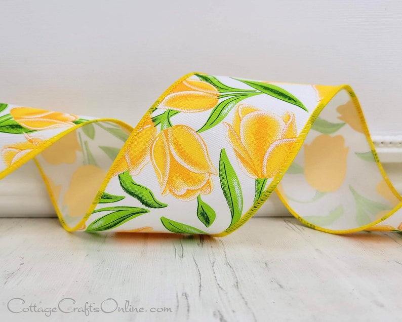 Yellow Tulips Wired Ribbon, 2.5 wide, TEN YARD ROLL Charlene 40 Floral Spring, Summer Flower Wire Edged Ribbon image 6