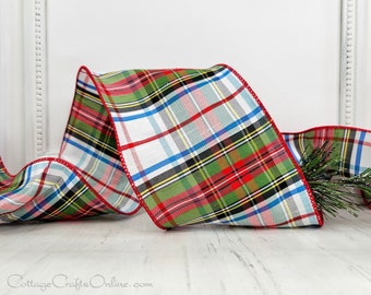 Christmas Wired Ribbon, 4", Red Green Blue Faux Dupioni Tartan Stripe Plaid - TEN YARD Roll ~ Stewards ~ Wire Edged Ribbon