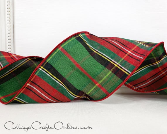 Farrisilk 4 X 10 YD Tan/Red Tartan Plaid Wired Ribbon with Jewel