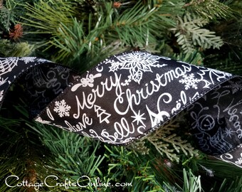 THREE YARDS, Christmas Wired Ribbon, 2 1/2" Merry Christmas Script White on Black - Offray ~ Merry Joy Chalkboard ~ Craft Wire Edged Ribbon
