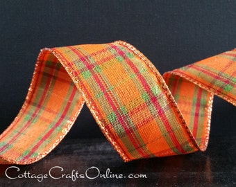 THREE YARDS,  Fall Plaid Wired Ribbon, 1.5" wide, Orange, Green, Cranberry Red, Copper and Green Metallic Plaid ~ Fran ~ Wire Edged Ribbon