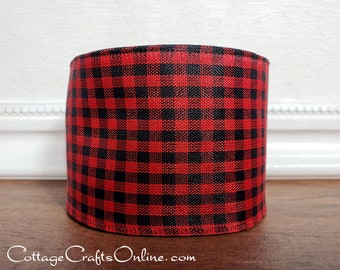 Christmas  Wired Ribbon, 2.5" Red and Black Check Buffalo Plaid - TEN YARD ROLL ~ Cabin Check Mini 40 ~ Craft Gingham Wire Edged Ribbon