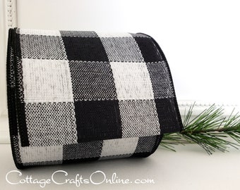 Wired Ribbon, 4" x 10 Yard Roll, Black and White Woven Check ~ Black and White Stitch 100 ~ Bold Black White Check Wire Edged Ribbon