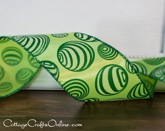 Wired Ribbon, 2.5",  Lime Green Circles, Glitter - TEN YARDS ~ Bouncing Balls ~ Christmas, St. Patrick's Day, Spring Ribbon