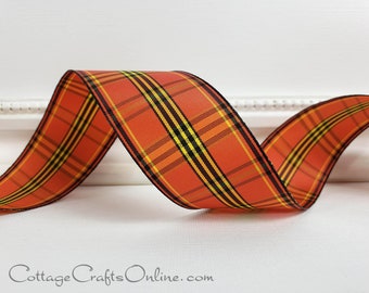 THREE YARDS, Fall Wired Ribbon, 1.5", Orange, Black, Yellow Plaid ~ Scott ~ Tartan Plaid" Halloween, Thanksgiving Wire Edge