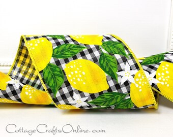 Wired Ribbon,  4", Yellow Lemon Print on Black and White Gingham, TEN YARD ROLL ~ Lemon Check ~ Spring, Summer Fruit Print Wire Edged Ribbon