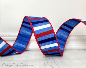 Patriotic Stripe Wired Ribbon, 1.5" wide, Red White and Blue - TEN YARD ROLL ~ George 9 ~ July 4th Independence Day Wire Edged Ribbon