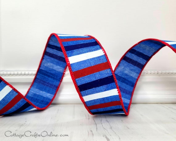 Patriotic Stripe Wired Ribbon, 1.5 Wide, Red White and Blue TEN YARD ROLL  George July 4th Independence Day Wire Edged Ribbon 