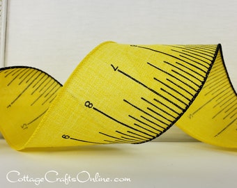 Wired Ribbon, 2.5" wide, Yellow Ruler, Measuring Tape Print - TEN YARD ROLL