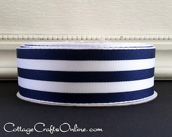 Wired Ribbon, 1 1/2" , Navy Blue and White Stripe - TWENTY FIVE YARD Roll - Offray "Carnival", Grosgrain Style Nautical Wire Edged Ribbon