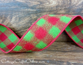 Buffalo Plaid  Christmas Wired Ribbon, 1.5" Red, Lime Green Check Flannel - TEN YARD ROLL ~ Buffalo Beau 9 ~ Apple Green Wire Edged Ribbon