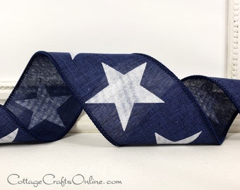 Wired Ribbon 2.5", Glitter Star on Navy Blue - TEN YARD ROLL ~ Big Star Navy ~ Christmas, July 4th Wire Edged Ribbon