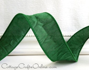 TWENTY FIVE YARD Roll Wired Ribbon, 1.5"  Emerald Green Crinkled Taffeta - - Faux Dupioni Silk Christmas, St. Patricks, Mardi Gras, Ribbon