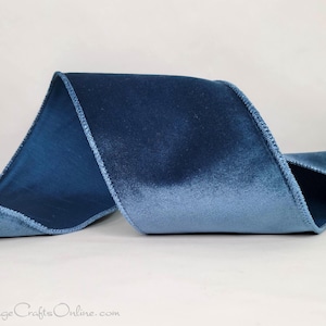 Ruban à armature métallique d. Stevens, 10 cm, velours bleu poussiéreux, envers satiné - Rouleau de 9 mètres ~ Ramona ~ Bordure métallique