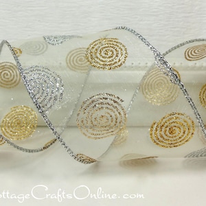 THREE YARDS, Christmas Wired Ribbon, 2.5 inches wide, Silver and Gold Glittered Swirls on White Sheer ~ Dot Dazzle ~  Wire Edged Ribbon