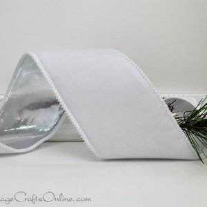 Christmas Wired Ribbon, 2.5&quot;  White Plush Velvet, Silver Metallic Back - TEN YARD ROLL - Offray ~ Emeliat ~
