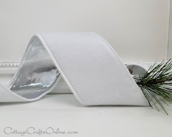 Christmas Wired Ribbon, 2.5"  White Plush Velvet, Silver Metallic Back - TEN YARD ROLL - Offray ~ Emeliat ~ Holiday Wire Edged Ribbon