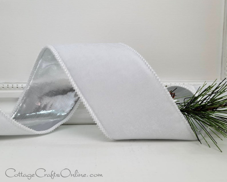 Christmas Wired Ribbon, 2.5 White Plush Velvet, Silver Metallic Back TEN YARD ROLL Offray Emeliat Holiday Wire Edged Ribbon image 1