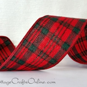 Christmas Wired Ribbon, 2.5&quot;, Red, Dark Emerald Green Check Plaid Flannel ~ TEN YARD ROLL ~ McAvoy 40 ~ Forest Green Tartan Wire Edged