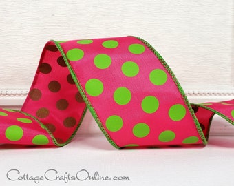 Wired Ribbon, 2.5",  Lime Green Polka Dots on Hot Pink, TEN YARD ROLL ~ Festive Pink 40 ~ Summer, Spring Wire Edged Ribbon