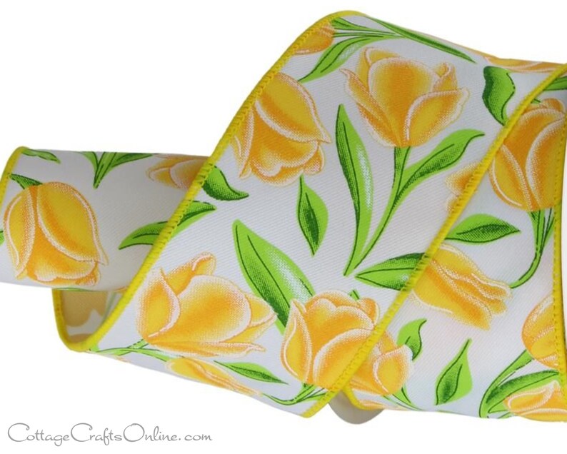 Yellow Tulips Wired Ribbon, 2.5 wide, TEN YARD ROLL Charlene 40 Floral Spring, Summer Flower Wire Edged Ribbon image 5