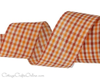 Fall Wired Ribbon, 2.5" wide, Orange, Rust, Ivory Check ~ TEN YARD Roll ~ Harvest Rust Gingham 40 ~ Plaid Wire Edged Ribbon