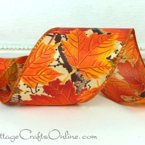 THREE YARDS Fall Wired Ribbon, 2.5 wide, Orange Maple Leaf Pattern Allegheny 40 Autumn, Thanksgiving Craft Wire Edged Ribbon image 2