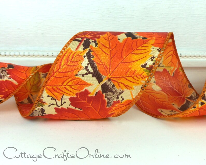 THREE YARDS Fall Wired Ribbon, 2.5 wide, Orange Maple Leaf Pattern Allegheny 40 Autumn, Thanksgiving Craft Wire Edged Ribbon image 2