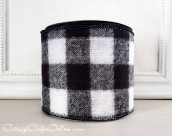 Buffalo Plaid Wired Ribbon, 4", Black and White Flannel - TEN YARD Roll ~ Oscar Buffalo 100 ~ Bold Black White Check Wire Edged Ribbon