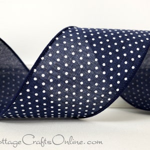 Wired Ribbon,  2.5&quot;, Navy Blue with White Mini Dots ~ TEN YARD ROLL  ~ Swiss Dots 40 ~