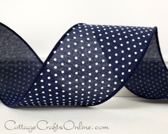Wired Ribbon,  2.5", Navy Blue with White Mini Dots ~ TEN YARD ROLL  ~ Swiss Dots 40 ~ Linen Look, Raised Dots Wire Edged Ribbon