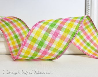 FOUR YARDS, Wired Ribbon, 2.5" wide, Pink, Yellow, Lime Green Check Plaid  - Offray ~ Madras Pink ~ Spring, Summer, Wire Edged Ribbon