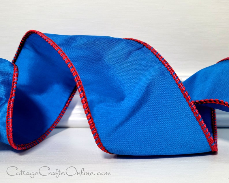 Wired Ribbon 2 1/2  Royal Blue Faux Dupioni  Red Edge image 1