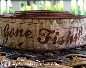 Wired Ribbon, 1.5", Green & Brown Fish Script and Print, Tan Linen Look - TEN YARD ROLL ~ Talk Fish 9 ~ Sport Craft Wire Edged Ribbon