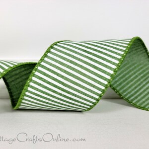 Wired Ribbon, 2.5" wide, Clover Green and White Thin Stripe - TEN YARD ROLL ~ Pins Narrow Stripe 40 ~ Horizontal Stripe Wire Edged Ribbon