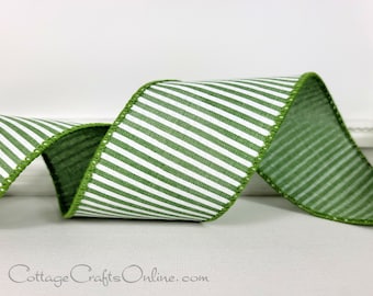 Wired Ribbon, 2.5" wide, Clover Green and White Thin Stripe - TEN YARD ROLL ~ Narrow Stripe 40 ~ Horizontal Stripe Wire Edged Ribbon
