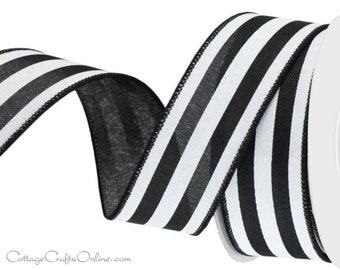 Black and White Striped Wired Ribbon, 1.5" wide,  TEN YARD ROLL ~ Jodie Stripe 9  ~ Vertical Striped Wire Edged Ribbon