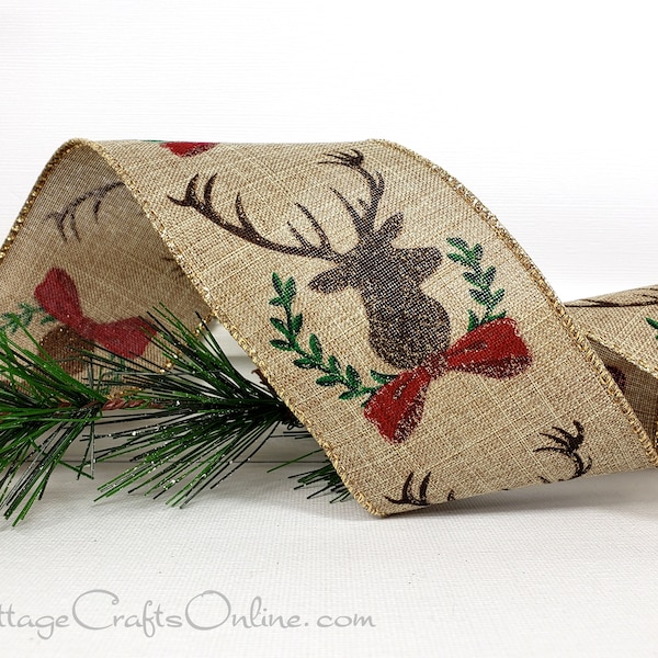 d. Stevens Christmas Wired Ribbon, 2 1/2", Brown Deer, Red Bow, Glittered Linen Look - TEN YARD ROLL ~ Deer and Laurel ~ Wire Edged Ribbon